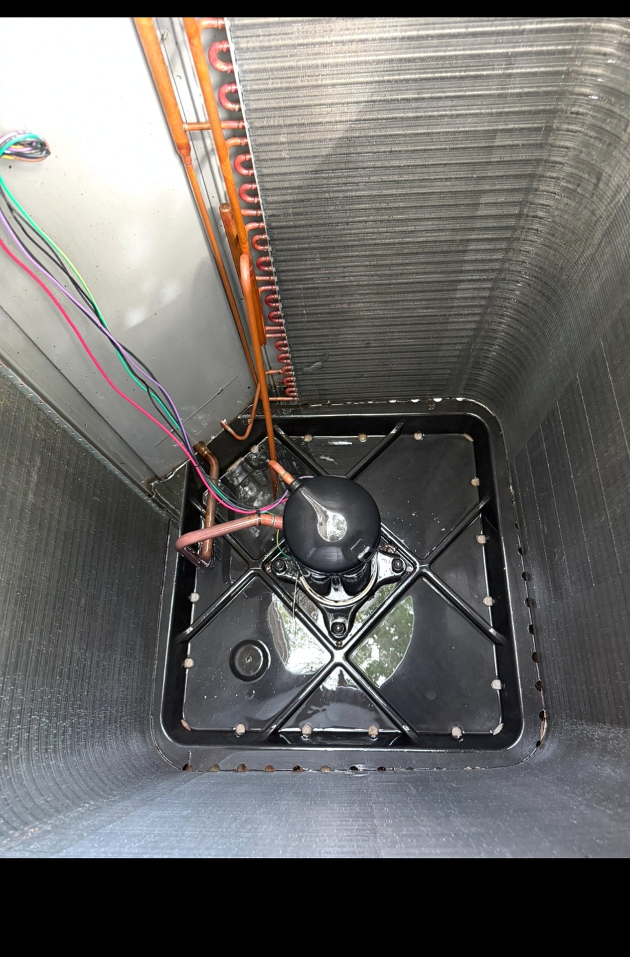 Same A/C cabinet fully cleaned out with copper coils visible