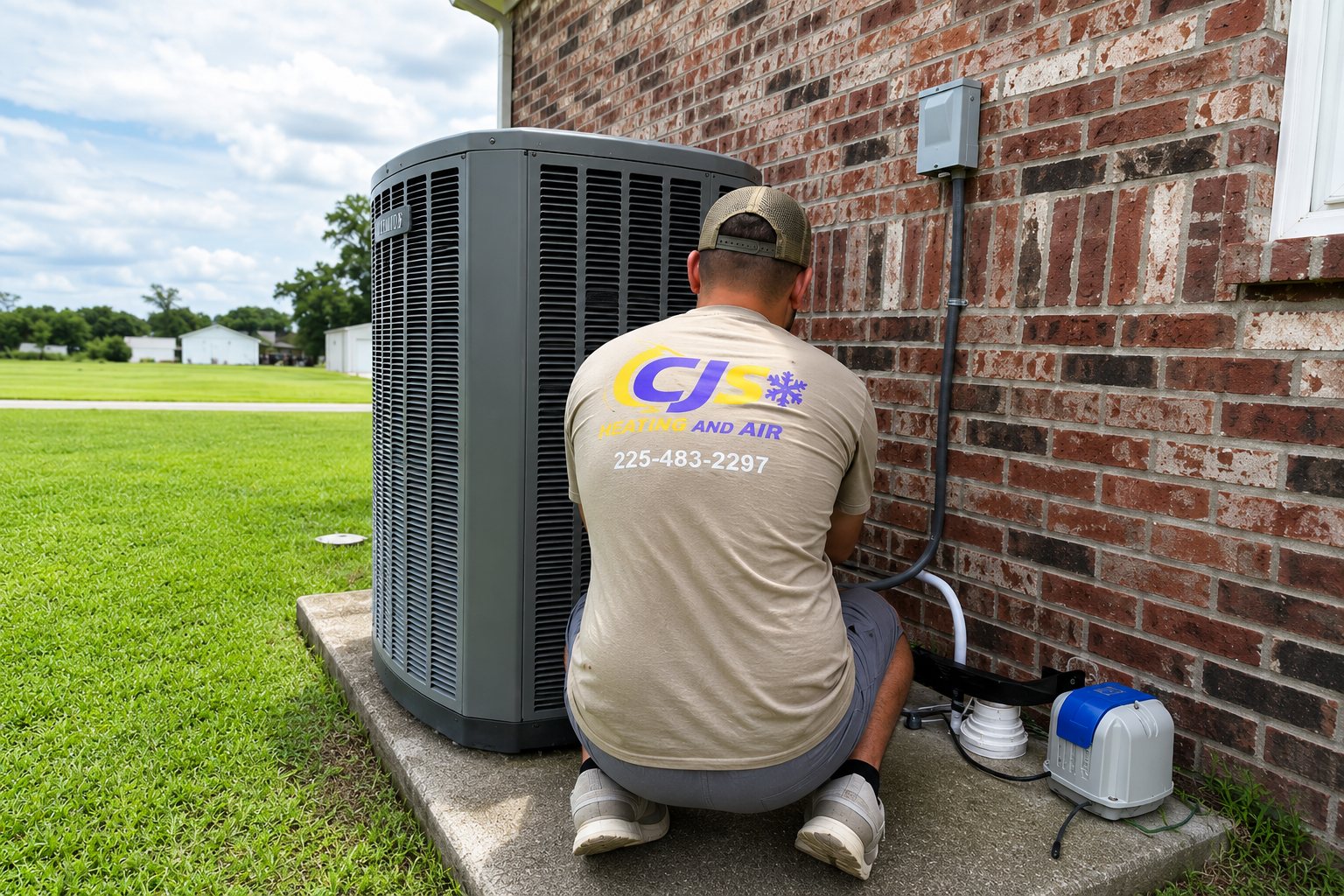 CJ servicing an outdoor A/C condenser unit at a customer's home